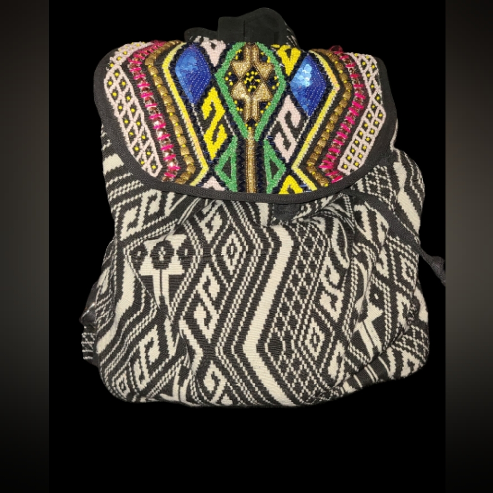 Ornate Beaded Detail Flap, Oversize Hobo Backpack, Boho Aztec Print